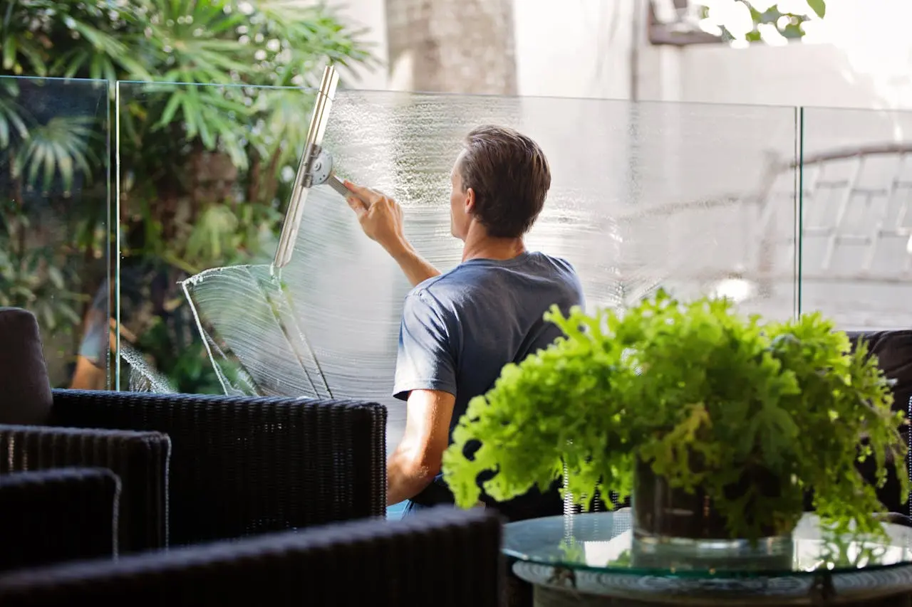 Male window cleaner, cleaning window